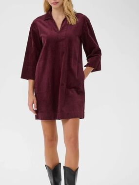 Part Two Sharri Corduroy V-Neck Shift Dress in Burgundy Size 38